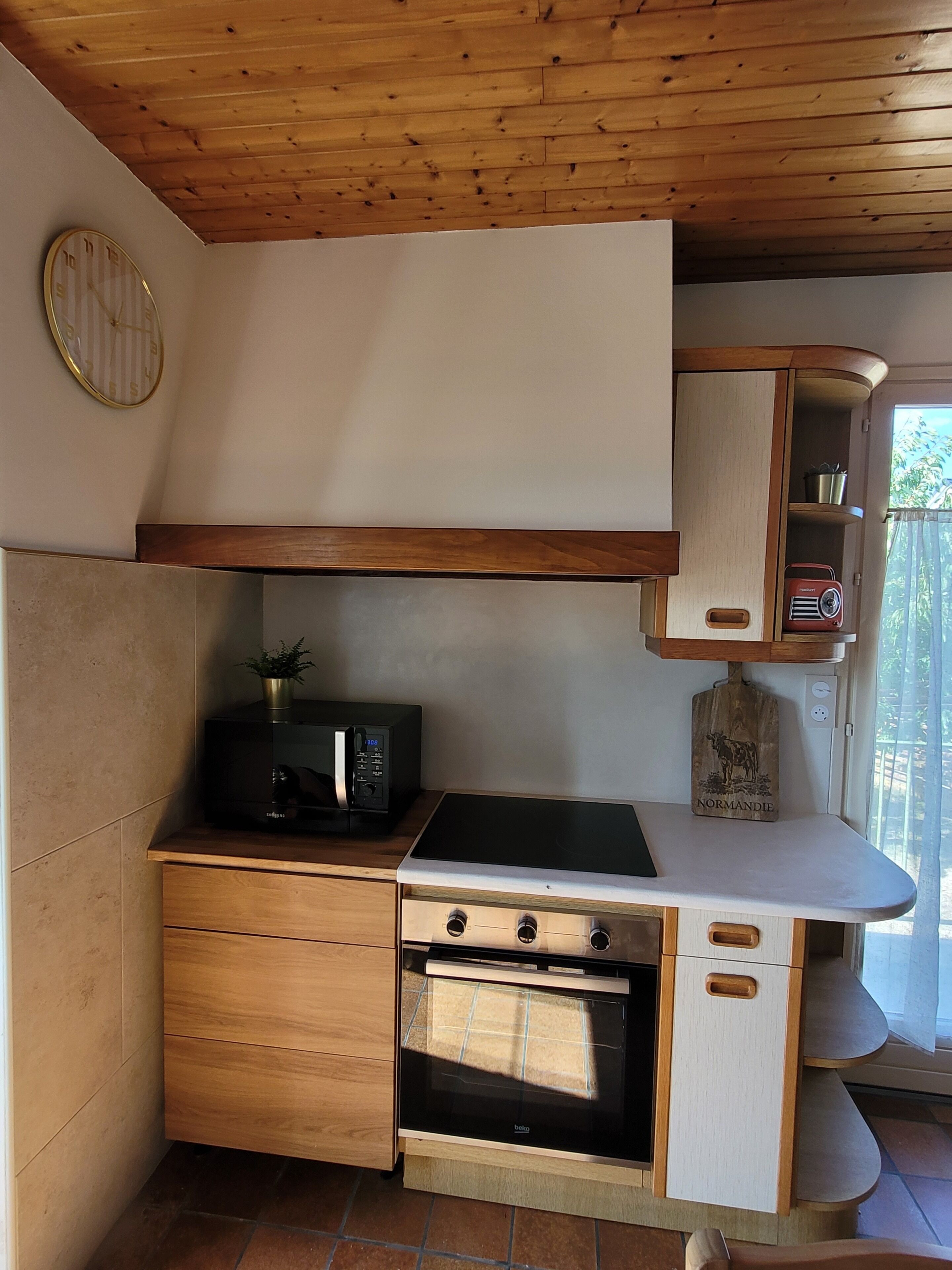 Coffee/tea maker, fridge, microwave, oven