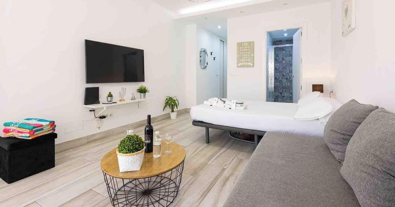 A modern hotel room with a bed, a sofa, a TV, a small table with a plant, and a bathroom visible through an open door.