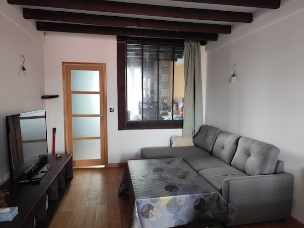 A living room with a sofa, a television, a wooden floor, a sliding door, and a window with curtains.