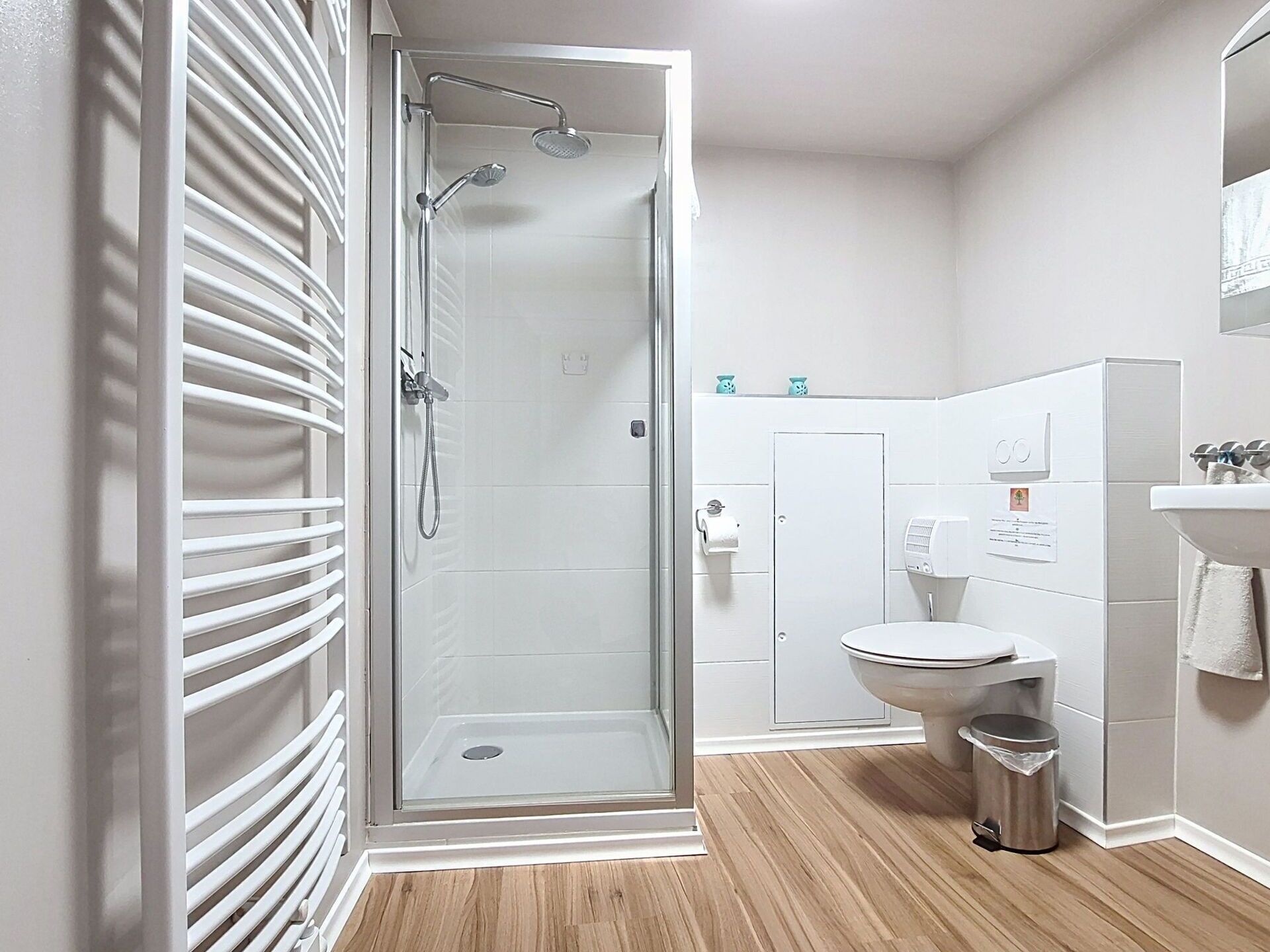 A modern bathroom with a glass-enclosed shower, a toilet, and a sink.