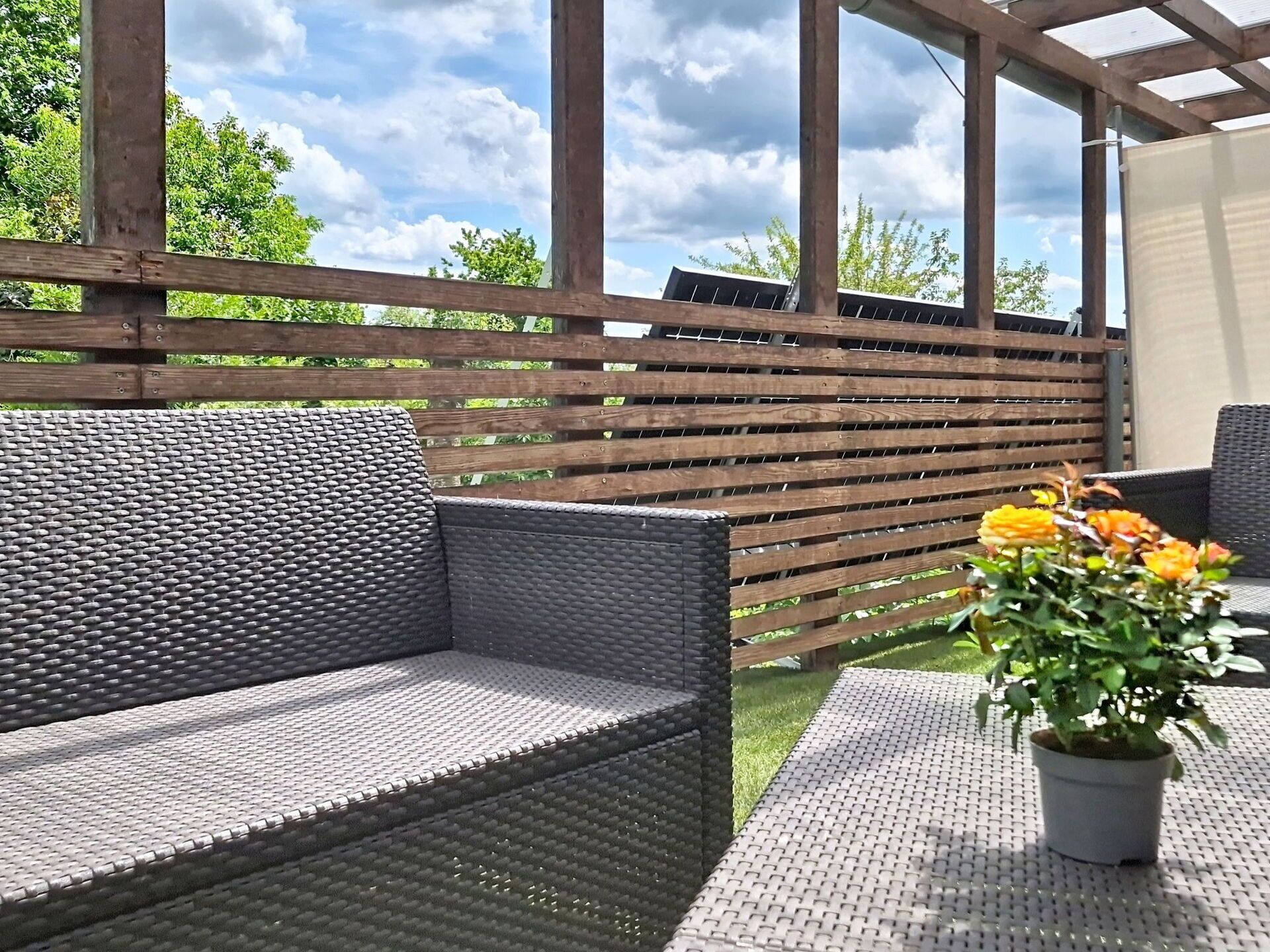 Et udendørs opholdsområde med et træbeklædt pergola, grå fletsofaer og en potteplante med gule blomster.