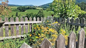 A wooden fence with a view of a green field and a mountain in the distance.