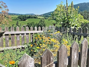 A wooden fence with a view of a green field and a mountain in the distance.
