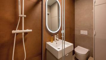 A modern bathroom with a glass-enclosed shower, a white sink, a mirror, and a toilet.