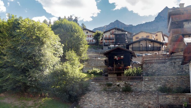 A mountainous village with stone buildings, a wooden staircase, and a large tree. - Petit Reins - Alpine Lodge close to Ski Return (Valtournenche)