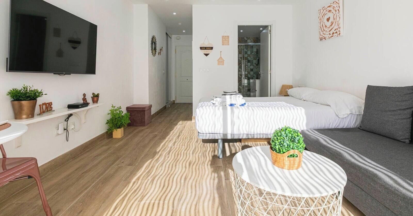 Una sala de estar moderna con un televisor de pantalla plana, un sofá, una cama y una pequeña mesa redonda con una planta.