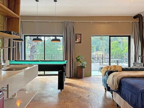 A room with a pool table, a bed, a large window, and a plant.