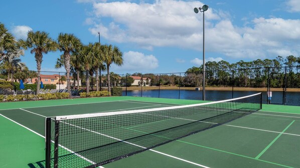 Una cancha de tenis con red, rodeada de palmeras y una masa de agua.