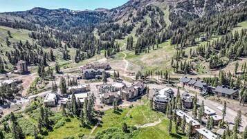 A resort with multiple buildings, surrounded by forested mountains.