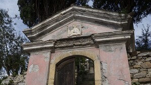 A stone structure with a wooden door and steps leading up to it.