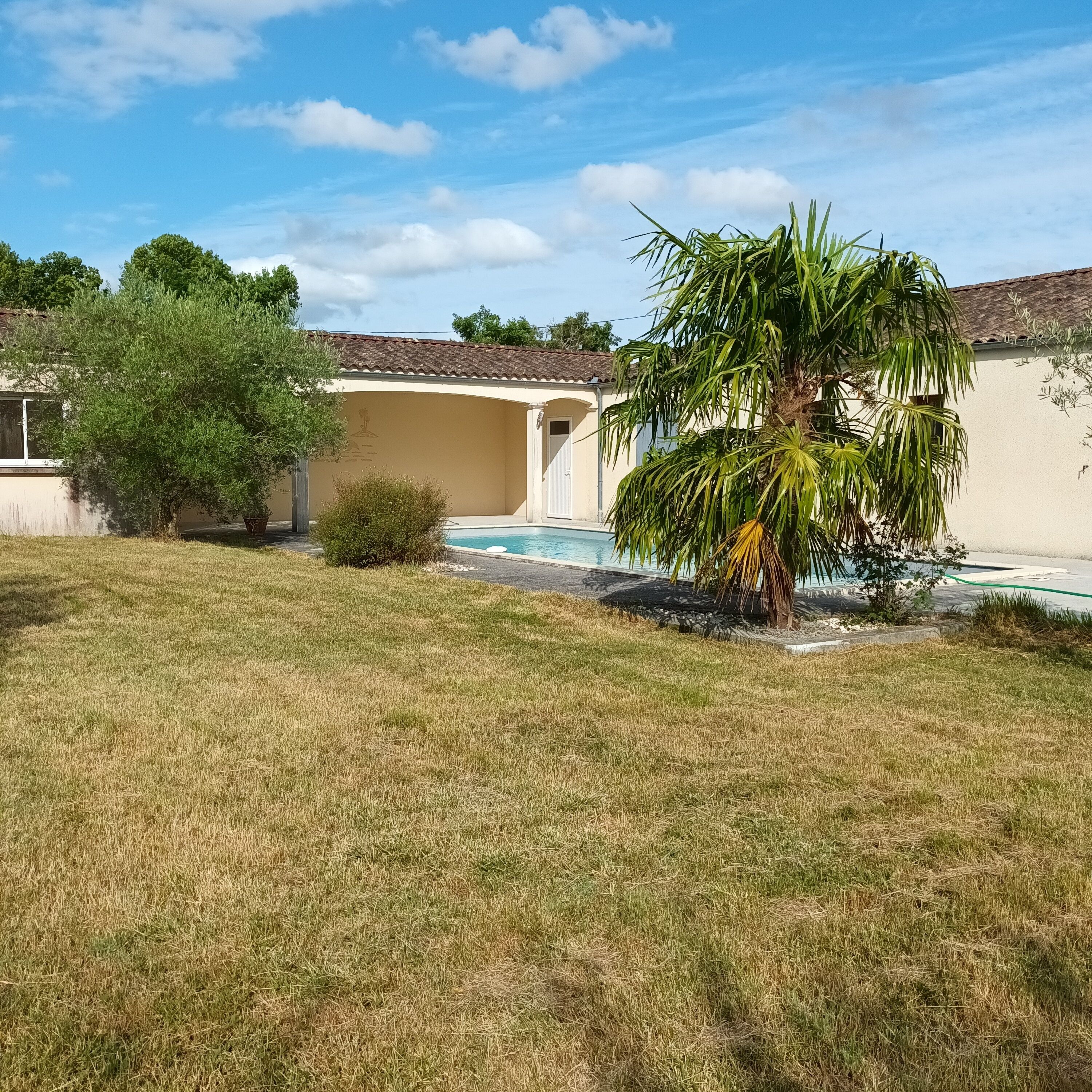 A residential property with a swimming pool, a covered patio, and a lawn.