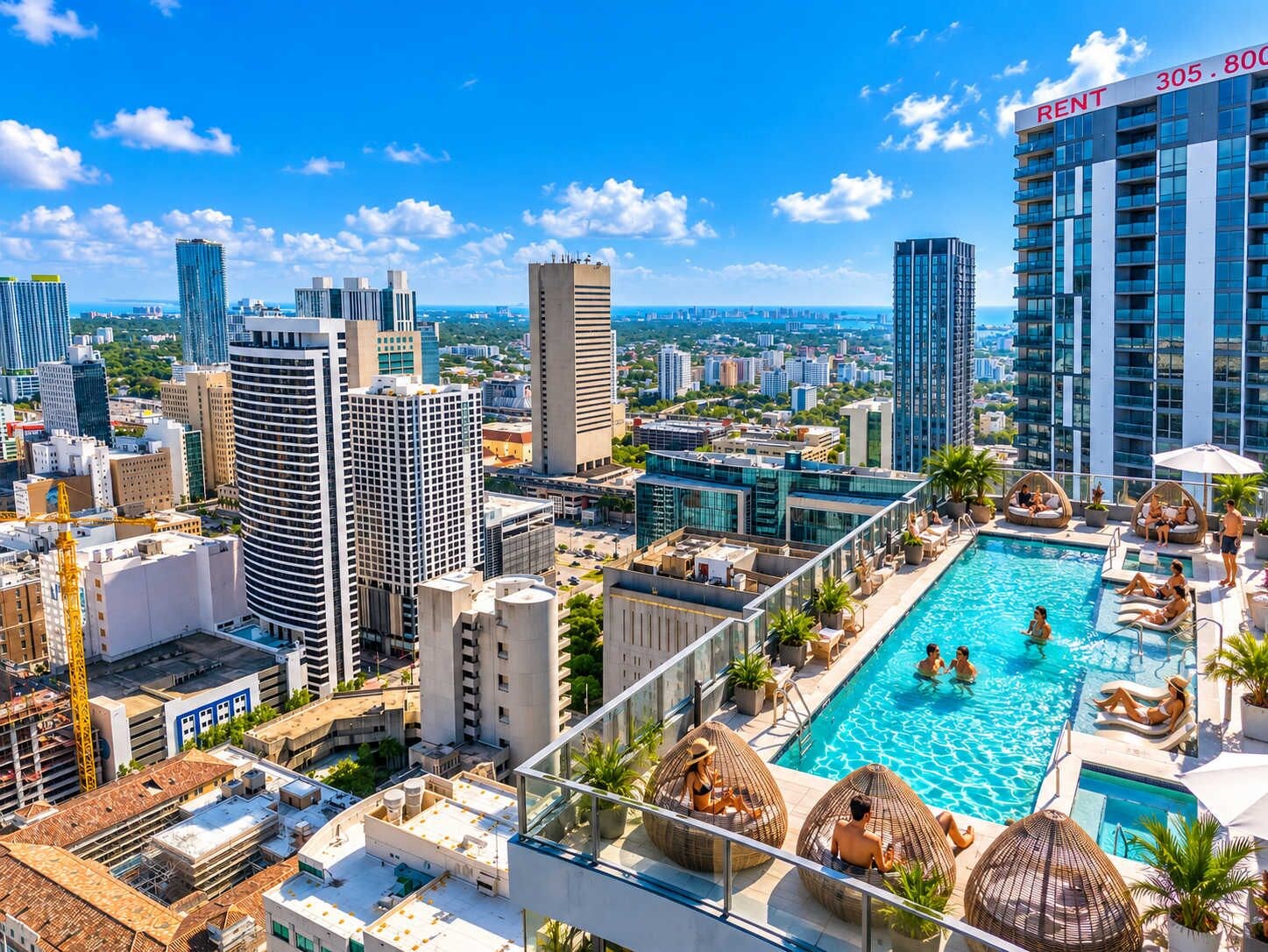 A rooftop pool with loungers and a view of a cityscape.