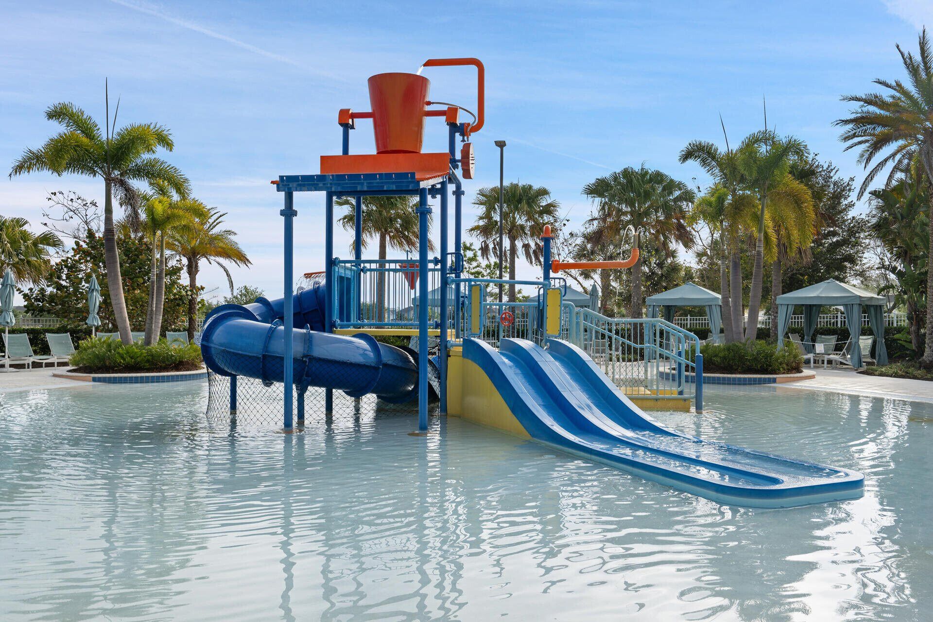 A water park with slides and a pool.