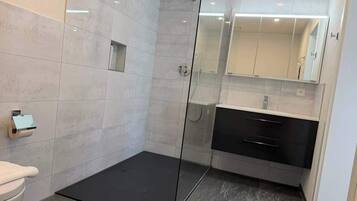 Dusche, Haartrockner, Handtücher, Shampoo