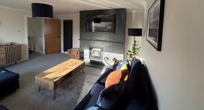 Ein modernes Wohnzimmer mit Kamin, einer Couch, einem Couchtisch und einem an der Wand befestigten Fernseher.