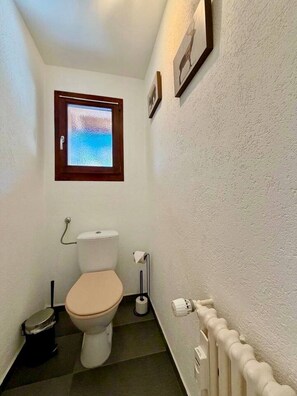 A small bathroom with a toilet, a window, a radiator, and a picture on the wall. - Luxury Apartment in Crans-Montana! (Crans-Montana)