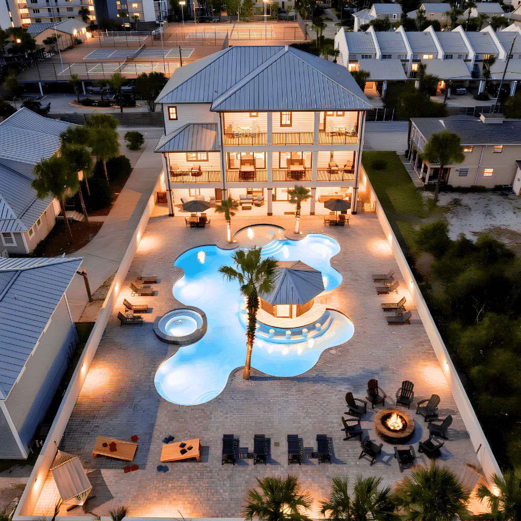 Un complexe hôtelier doté d’une piscine, d’un espace extérieur aménagé et d’un grand bâtiment comportant de nombreux balcons.