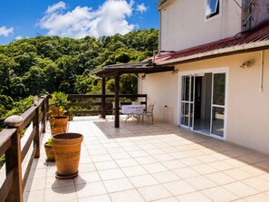 A covered patio with a table and chairs, surrounded by potted plants, and a view of a forested hillside. - Pousada Casa do Reiki - Rancho Queimado (Rancho Queimado)