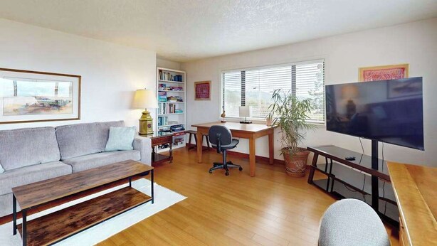 Ein Wohnzimmer mit Sofa, Couchtisch, Fernseher, Schreibtisch, Stuhl, Bücherregal und einer Zimmerpflanze.