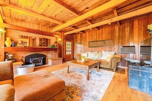 A cozy living room with a fireplace, wooden walls, a sofa, and a coffee table. - La Casa Del Rio - Serene Riverside Getaway Surrounded by Nature (Salyer)