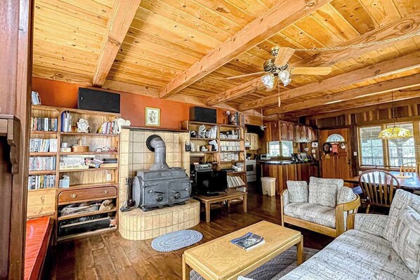 A cozy cabin interior with a fireplace, bookshelves, and a dining area.