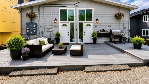 Ein Wohngebäude mit überdachter Terrasse, möbliert mit Gartenmöbeln und Blumentöpfen.