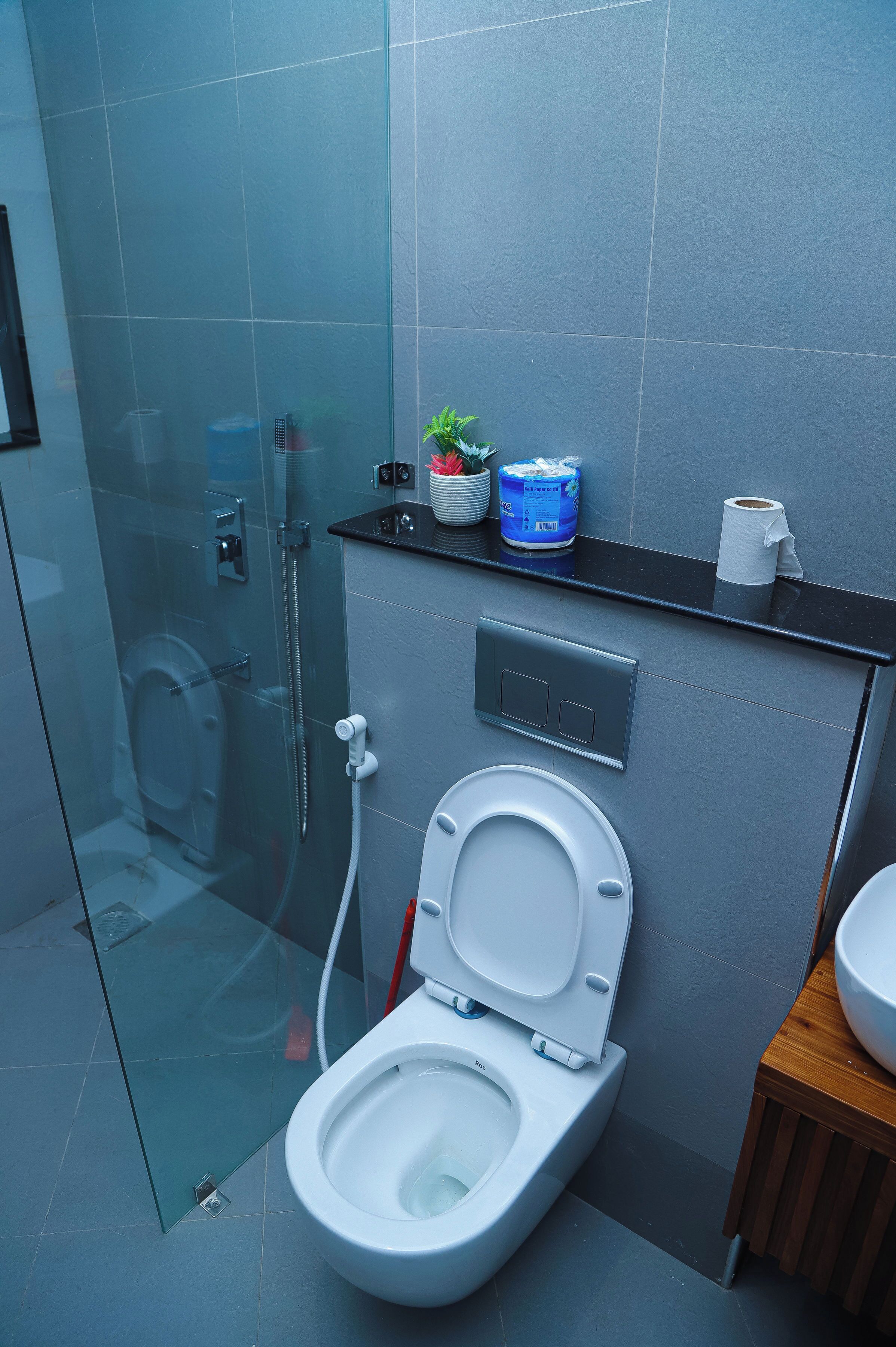 A modern bathroom with a glass shower enclosure, a toilet with a bidet attachment, and a shelf with toiletries.