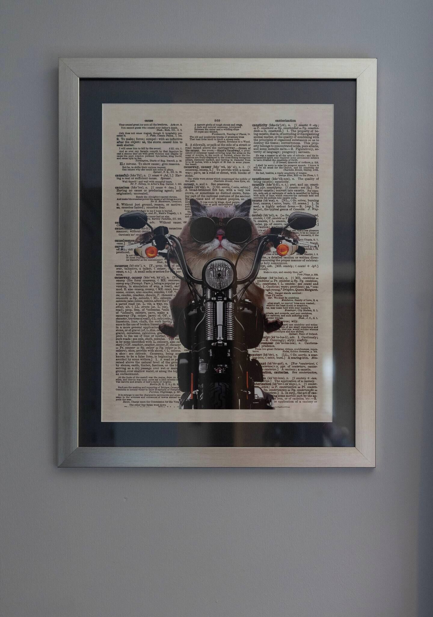 A framed artwork of a motorcycle with a cat on it, mounted on a wall.