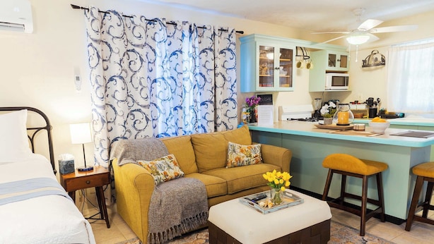 A compact living space with a sofa, a small coffee table, a bed, a kitchenette, and a dining area. - Island Studio with Pool Access, Porch & Workspace (Venetian Road Settlement)