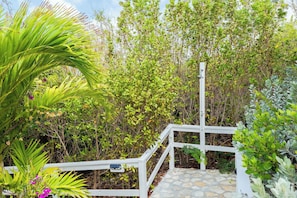Un escalier en bois blanc mène à une zone abritée, entourée d’une végétation luxuriante et de différentes plantes.