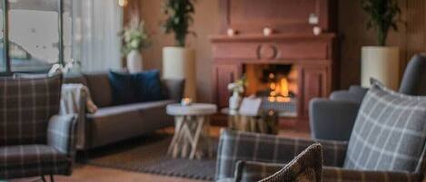 Una sala de estar acogedora con chimenea, sofás y plantas en macetas.