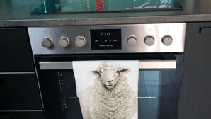 A kitchen with a stainless steel oven, a digital clock, and a towel with a sheep design hanging from the oven handle. - Familienurlaub nahe Europa-Park & Rulantica mit Garten, Trampolin & Balkon (Herbolzheim)