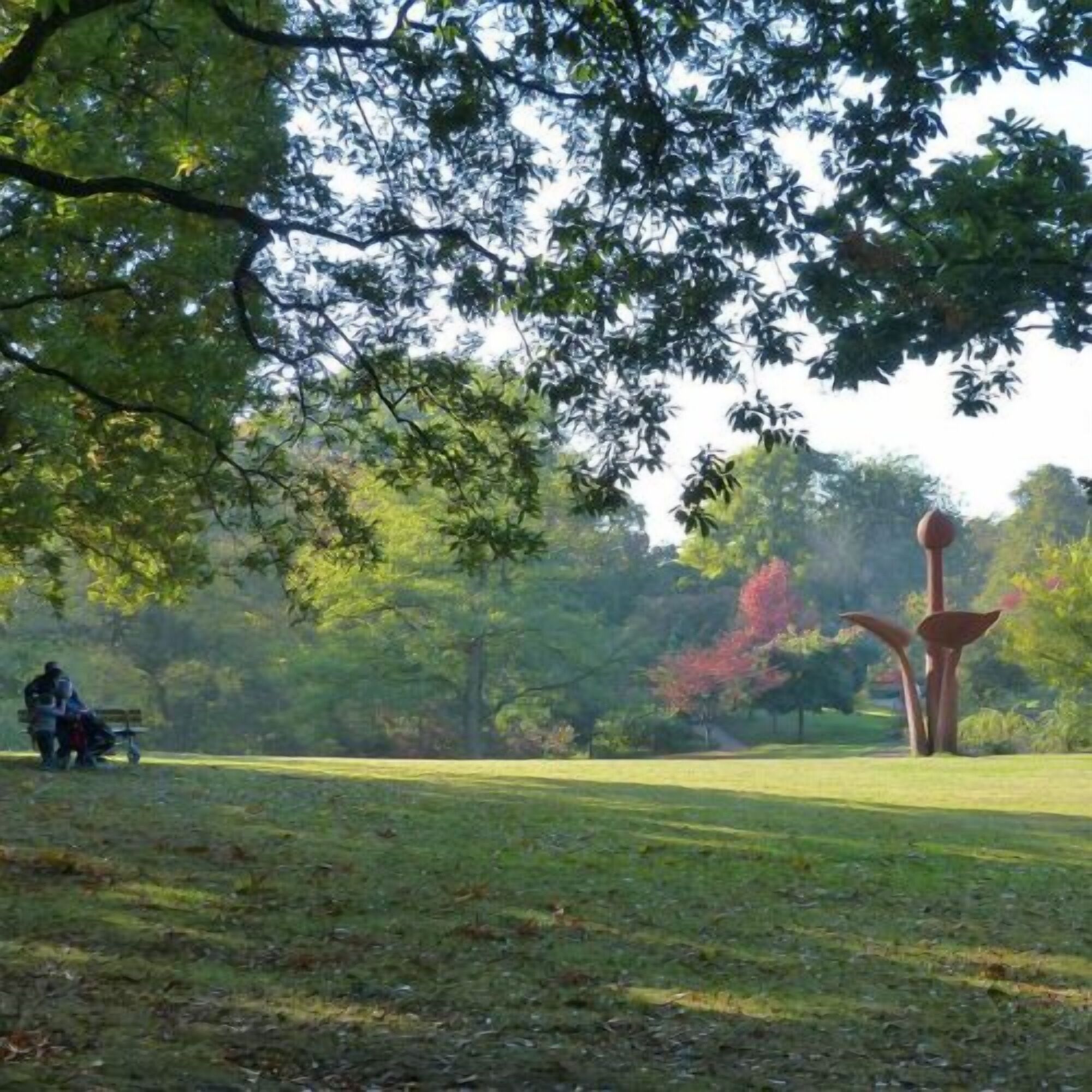 A park with a grassy area, trees, and a sculpture.