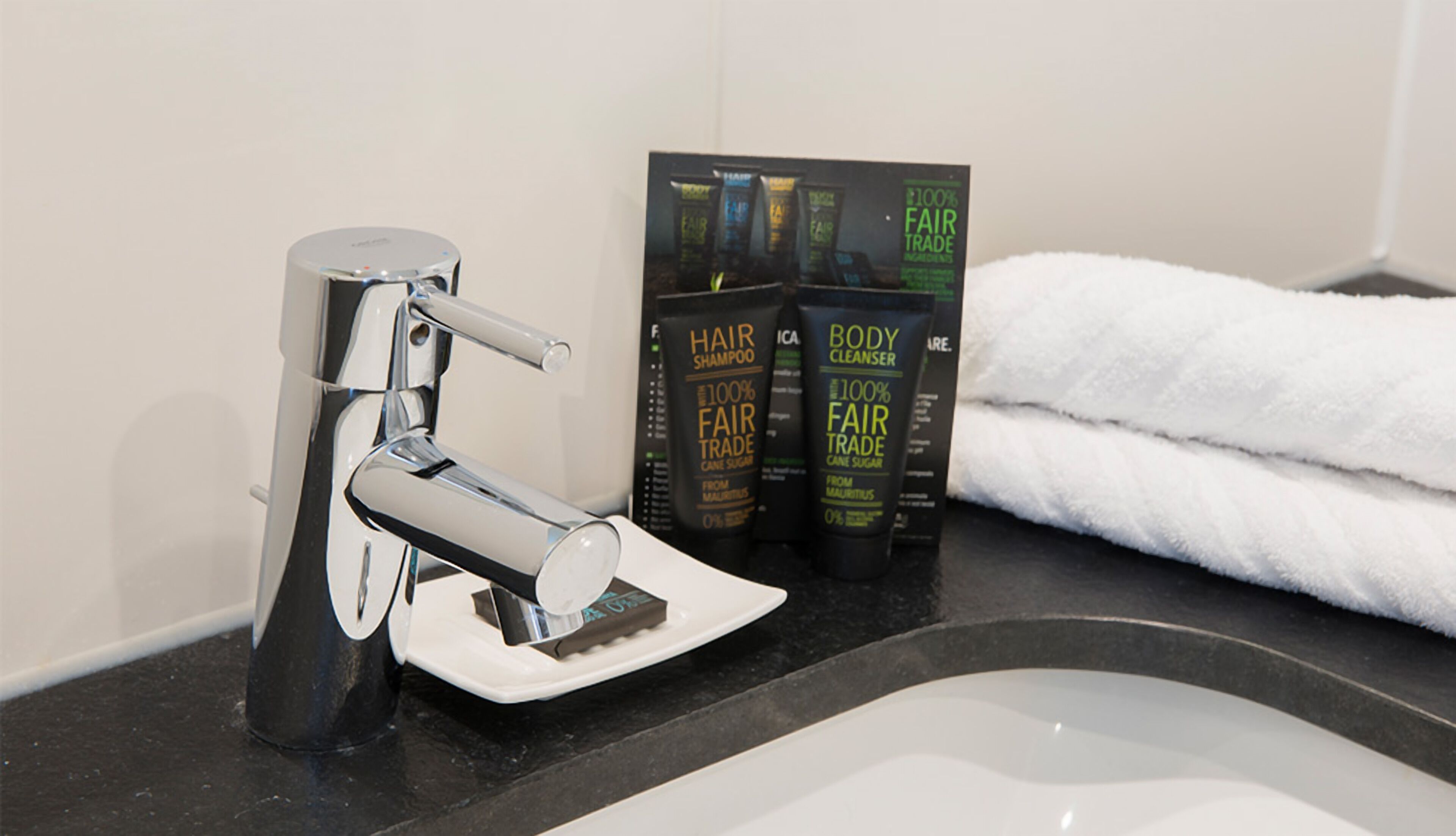 Une salle de bain dotée d’un robinet chromé moderne, d’un lavabo blanc et de deux boîtes de produits de soins pour les cheveux et le corps.