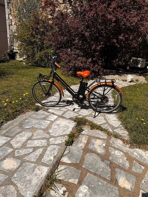 A stationary bicycle with a basket on the back, parked on a stone pathway.
