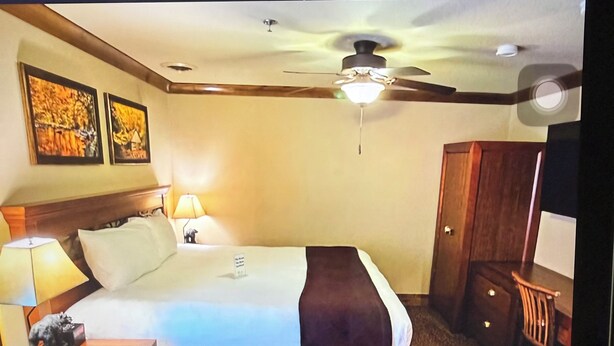Una camera d'albergo con un letto, una lampada da comodino, una ventola a soffitto, un'opera d'arte appesa al muro e una scrivania con lampada.