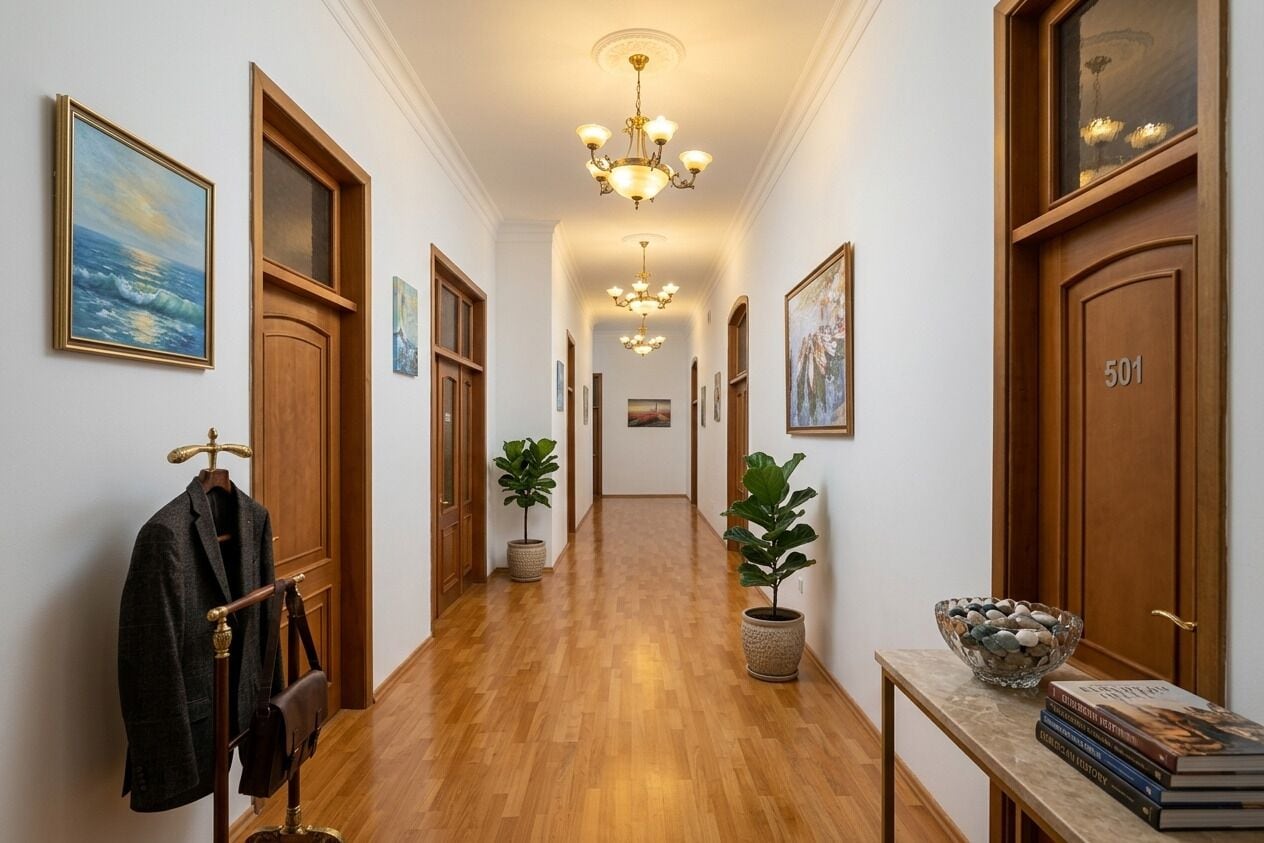 A hallway with wooden doors, a coat rack, potted plants, and a chandelier.