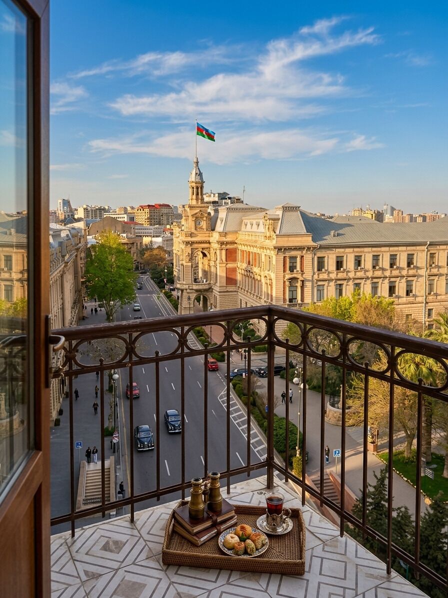 A balcony with a table set for tea, overlooking a city street with buildings and a flag.