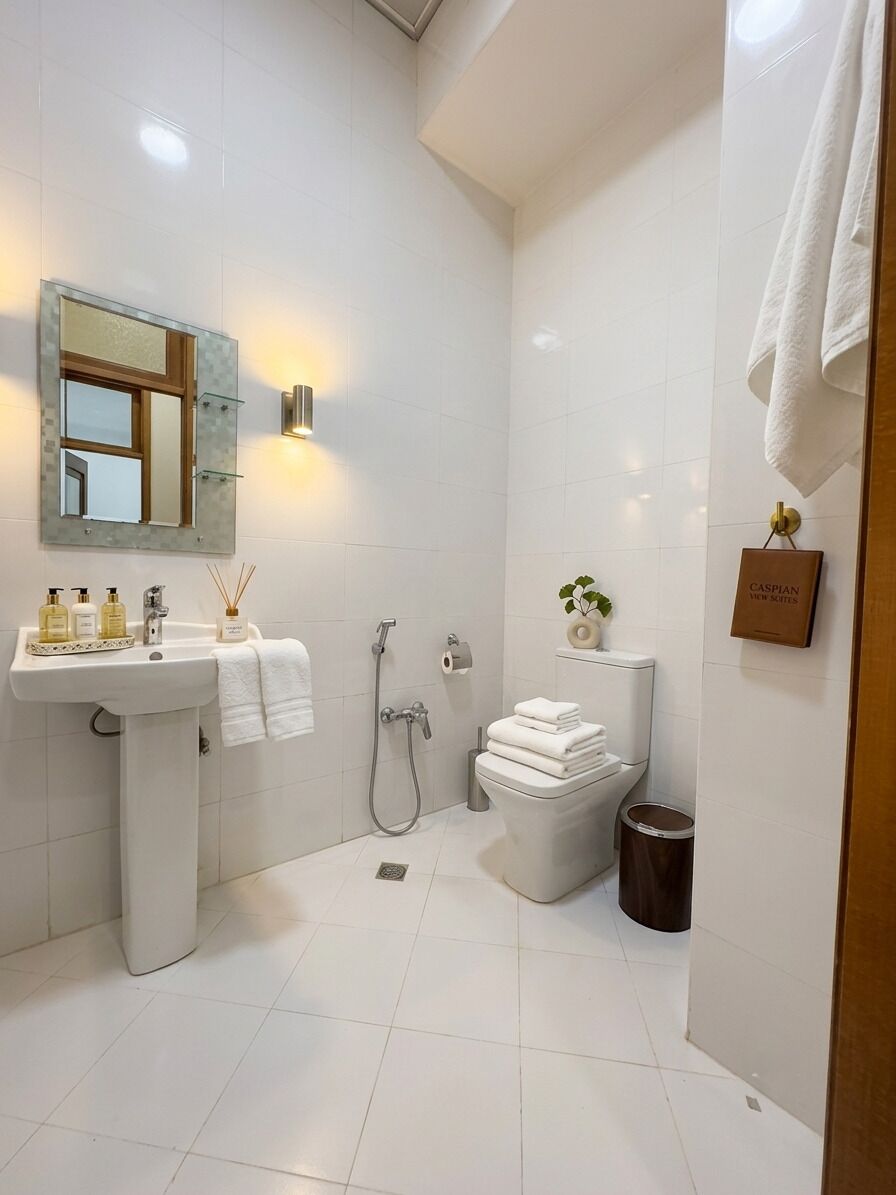 Un baño moderno con lavamanos pedestal, inodoro, ducha y espejo.