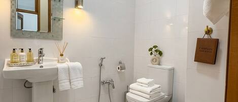 Un baño moderno con lavamanos pedestal, inodoro, ducha y espejo.