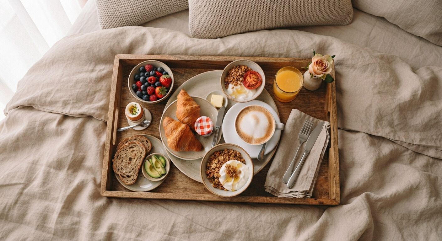 A breakfast tray with croissants, berries, yogurt, and coffee on a bed.