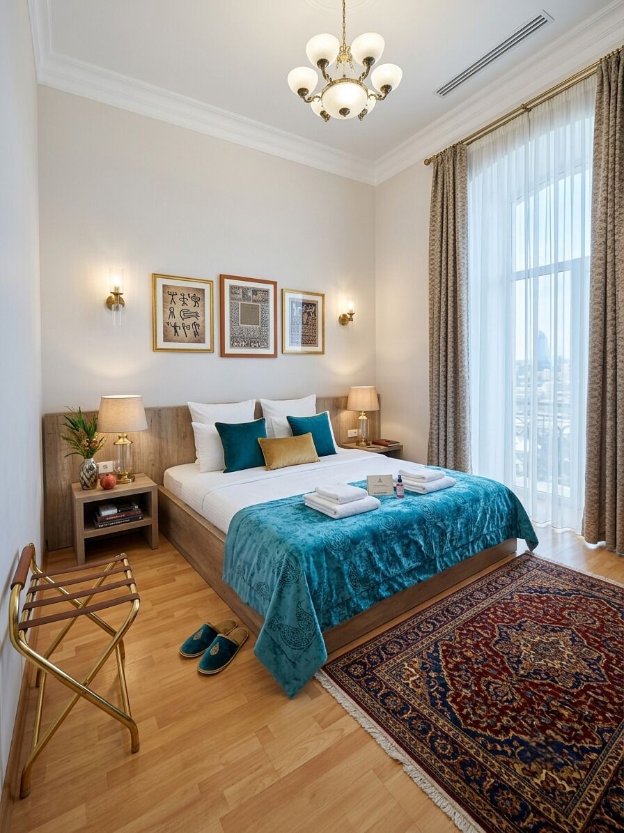 Habitación de hotel con cama, mesitas de noche, candelabro, un amplio ventanal con cortinas y una alfombra estampada.