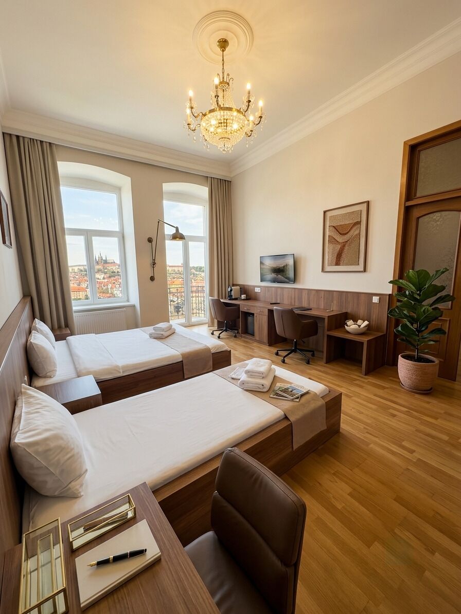Deluxe kamer, 1 twee- of 2 eenpersoonsbedden, balkon, uitzicht op stad | Een kluis op de kamer, een bureau, een laptopwerkplek