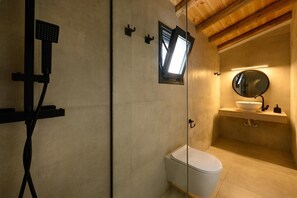 Ein modernes Badezimmer mit einer gläsernen Duschkabine, Toilette, Waschbecken mit Spiegel und Holzboden.