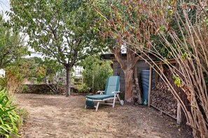 Um jardim com um banco de madeira, uma árvore e um pequeno galpão.
