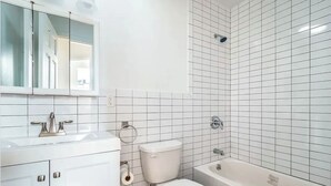 Hair dryer, towels, toilet paper
