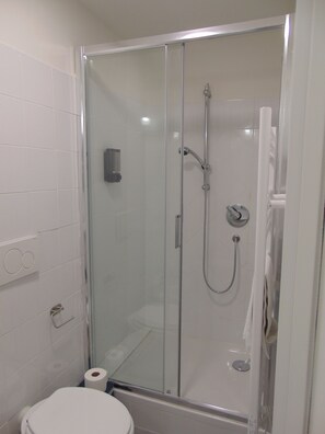 A glass-enclosed shower with a handheld showerhead and a wall-mounted faucet. - Cinqueterre in Fiore (La Spezia)