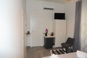 A hotel room with a bed, a chair, a desk with a potted plant, a television on a cabinet, and an air conditioning unit on the wall. - Cinqueterre in Fiore (La Spezia)