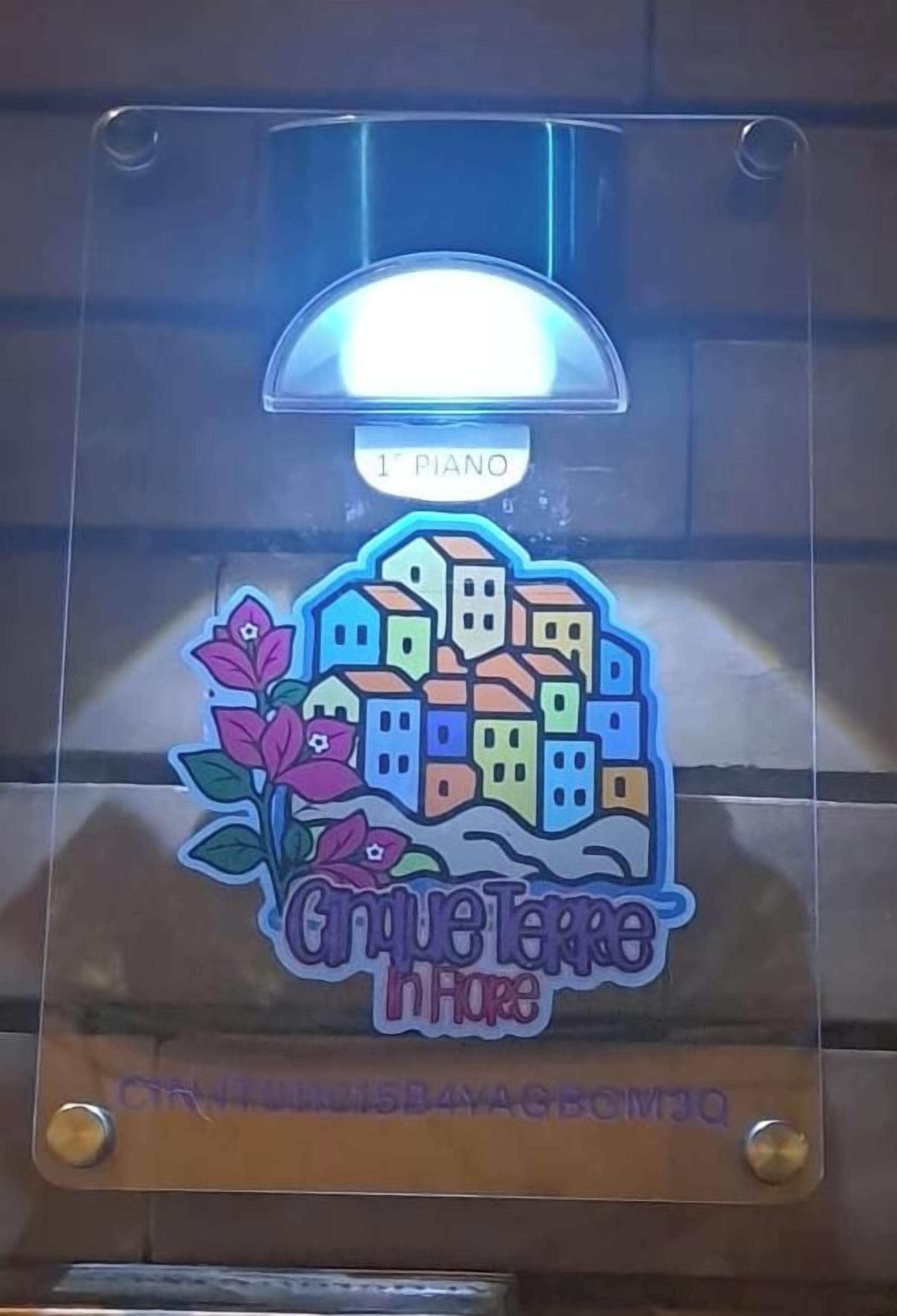 Una placa de vidrio transparente con una ilustración colorida de casas y flores, con la etiqueta '1st Piano' y 'Carne Tarra in Hore'.
