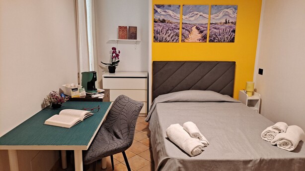 Une chambre d’hôtel avec un lit, un bureau, une chaise, une machine à café, une plante et des œuvres d’art accrochées au mur.